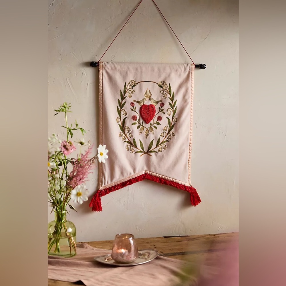 New Anthropologie Terrain Love Birds Beaded Embroidered Velvet Wall Banner Flag